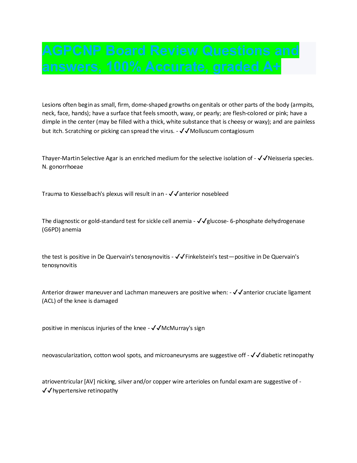 Preview image for AGPCNP Board Review Questions and  answers, 100% Accurate, graded A+